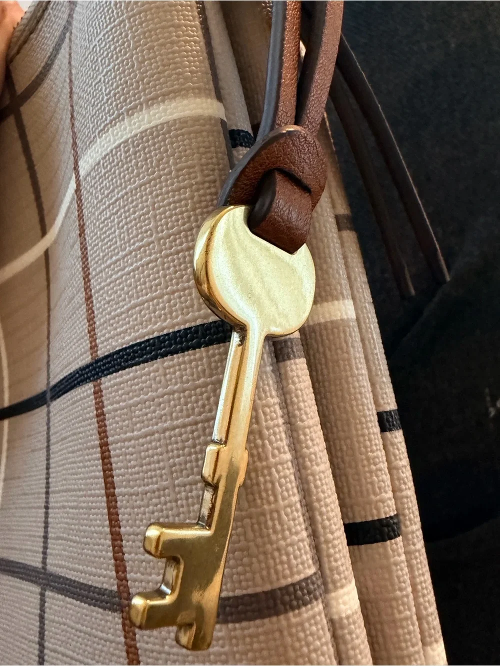 Fossil Devon Greige and Brown Plaid Crossbody Bag with Key Charm